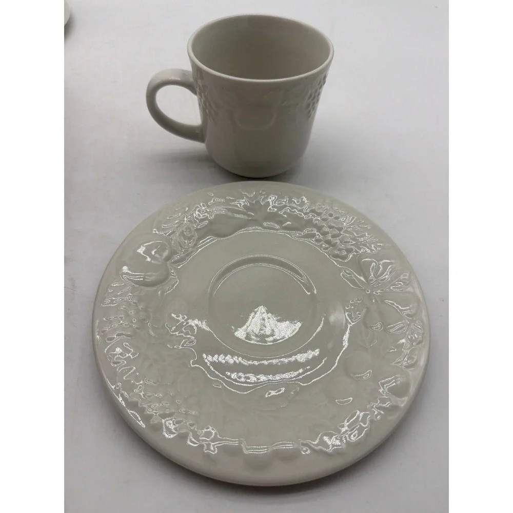 4 Gibson Housewares China Embossed‎ Raised Fruit Pattern Coffee/Tea Cup & Saucer